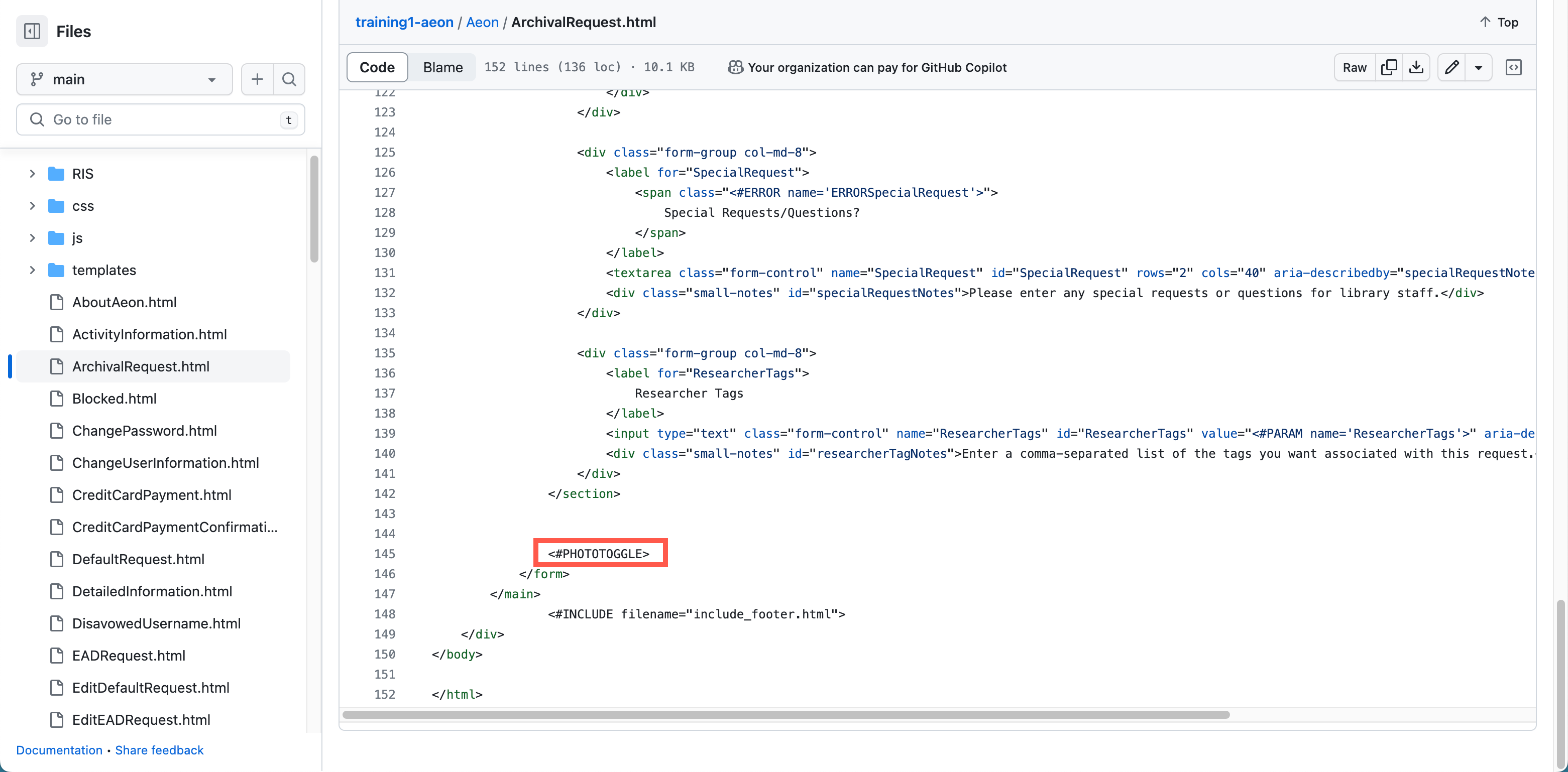 PHOTOTOGGLE tag displayed on ArchivalRequest.html